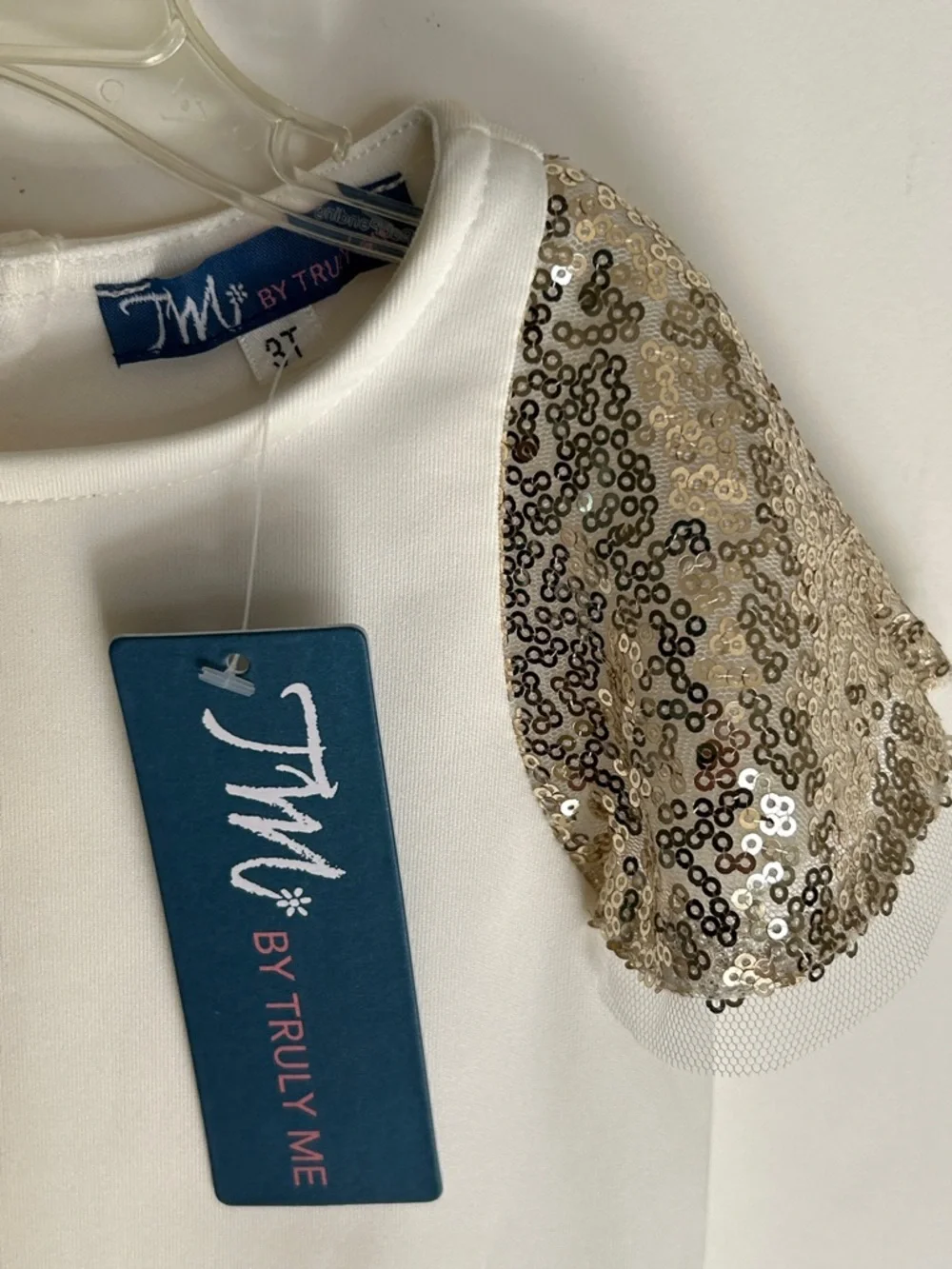 Truly Me Off White Party Dress with Gold Sequin Accents and Pearls. Lined. NWT!